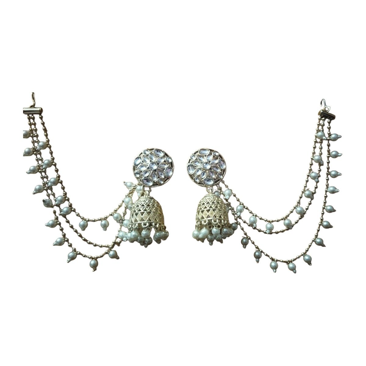 DIVAART Exquisite Kundan & Pearl Jhumka Earrings with Ear Chains - Traditional Indian Jewellery for Women