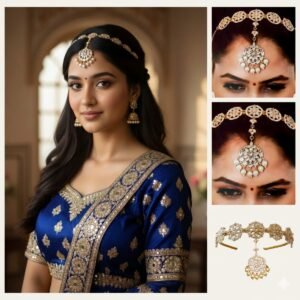 Close-up of a luxurious gold-plated hairband with maang tikka featuring intricate Kundan work and delicate pearl embellishments, showcased against a soft, elegant background.