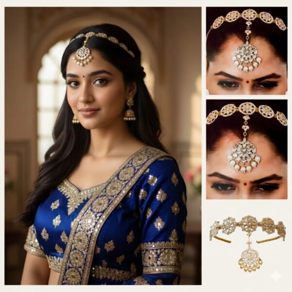 Close-up of a luxurious gold-plated hairband with maang tikka featuring intricate Kundan work and delicate pearl embellishments, showcased against a soft, elegant background.