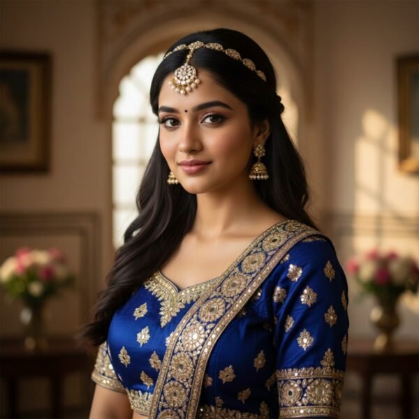 Model wearing an ornate hairband with maang tikka, beautifully styled with traditional Indian attire for a wedding, highlighting the sparkle of Kundan and pearls.